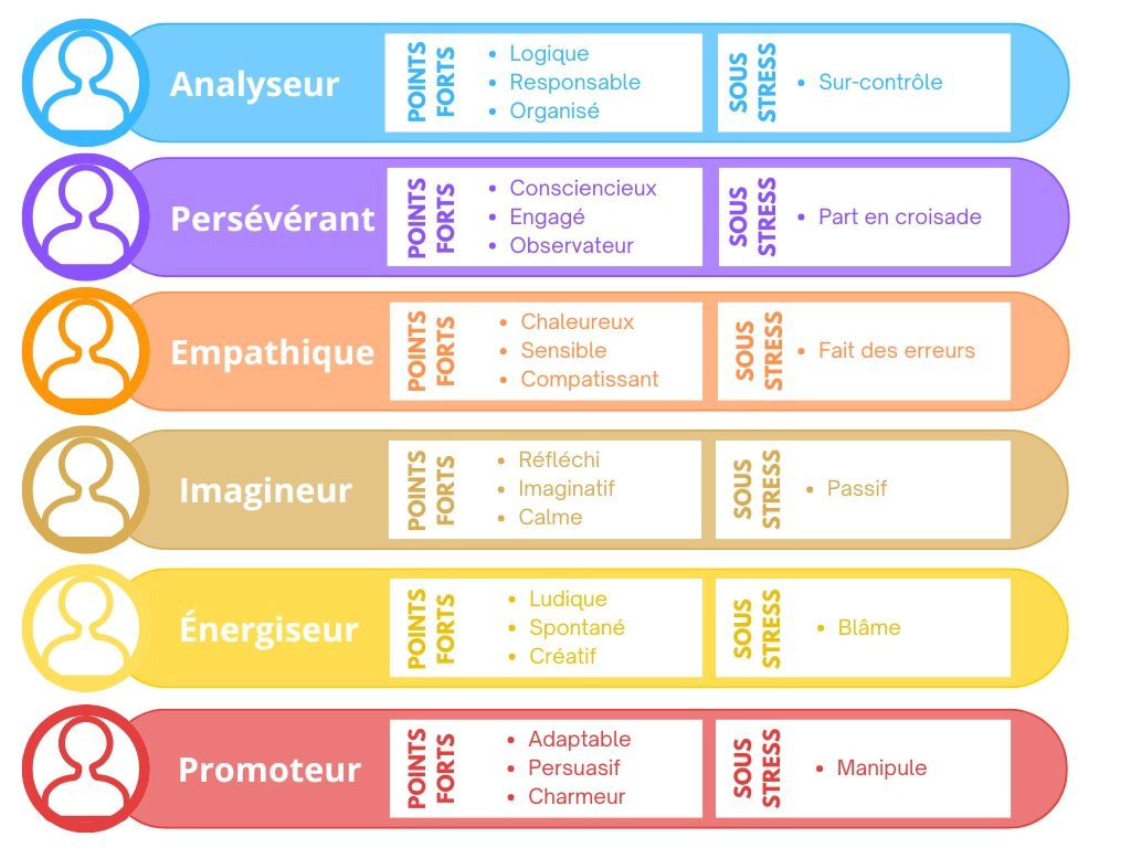 Les 6 profils colorés de la PCM : analyseur, pérsevérant, empatique, imagineur, energiseur, promoteur.